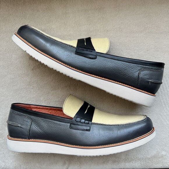 Marc Nolan Abe Navy Blue Leather & Tan Cream Canvas Loafers Men15 Slip On Boat - Picture 1 of 16